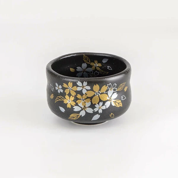 Tenmoku Gold Sakura Matcha Bowl & Plate Set - Image 4