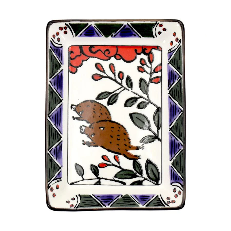Hanafuda Zodiac Rectangular Small Plate 10×7cm - Boar