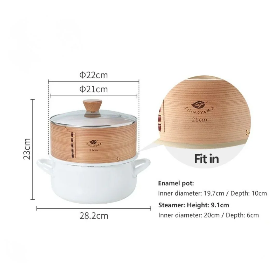 Shimoyama Dual-handle Enamel Pot with Glass Lid 22cm & Bamboo Steamer 21cm Set - Image 10