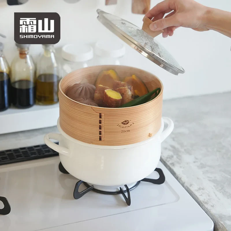 Shimoyama Dual-handle Enamel Pot with Glass Lid 22cm & Bamboo Steamer 21cm Set - Image 2