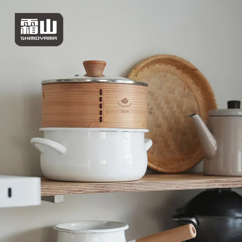 Shimoyama Dual-handle Enamel Pot with Glass Lid 22cm & Bamboo Steamer 21cm Set - Image 3