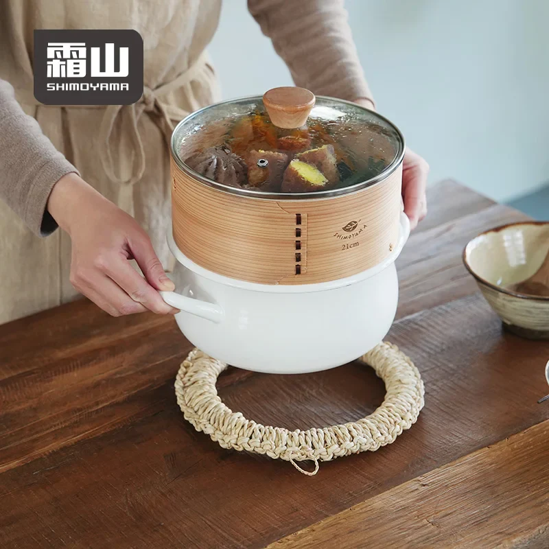 Shimoyama Dual-handle Enamel Pot with Glass Lid 22cm & Bamboo Steamer 21cm Set - Image 6